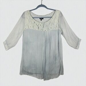 H Trend Italy Women's XL Tunic Top Lace Detail Silk Blouse Blue Lined‎ Feminine